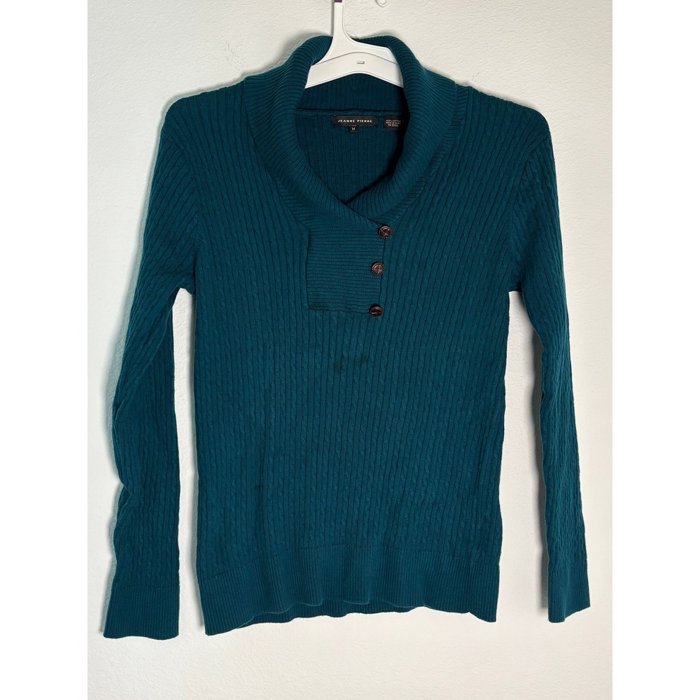 Jeanne Pierre Teal Cotton Cable Knit Shawl Collar Button Sweater Womens Medium